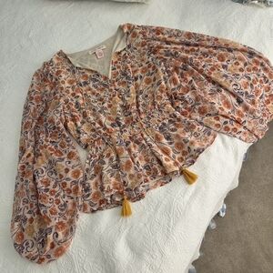 Flying Tomato Fall Floral Boho Smocked Waist Top - Sz Small